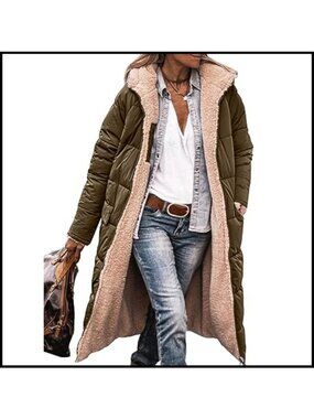 Women's Sherpa Fleece Long Hooded Zip Puffer Coat Warm Winter